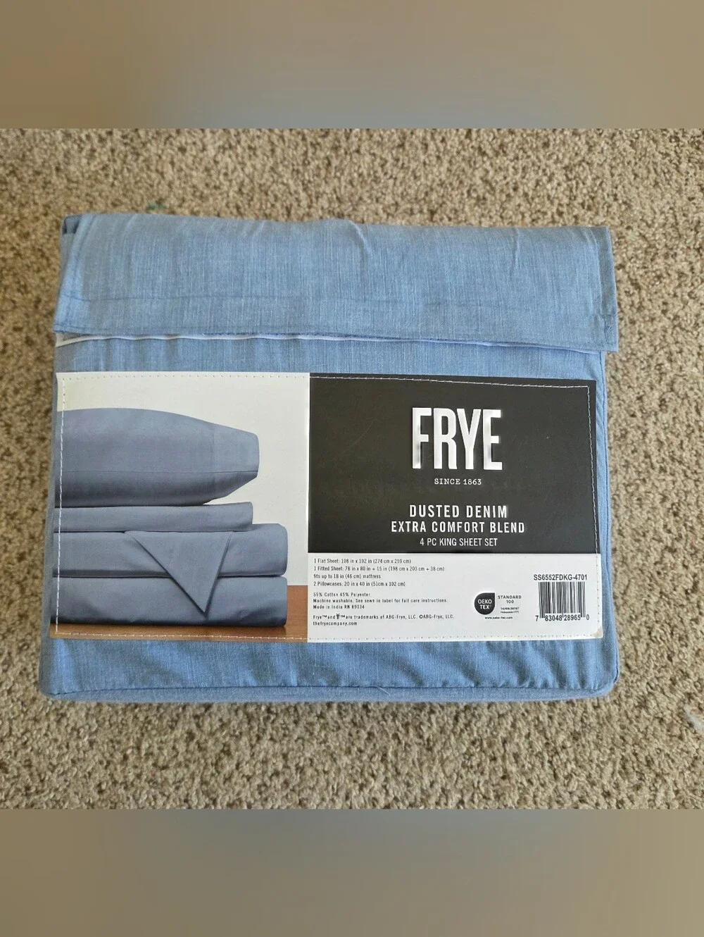 NEW FRYE Dusted Denim Extra Comfort Blend 4 PC KING Sheet Set Chambray Blue